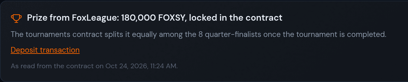 An example prize panel of an open edition: 180,000 FOXSY locked in the contract, split equally among the 8 quarter-finalists once the tournament is completed, with its deposit transaction