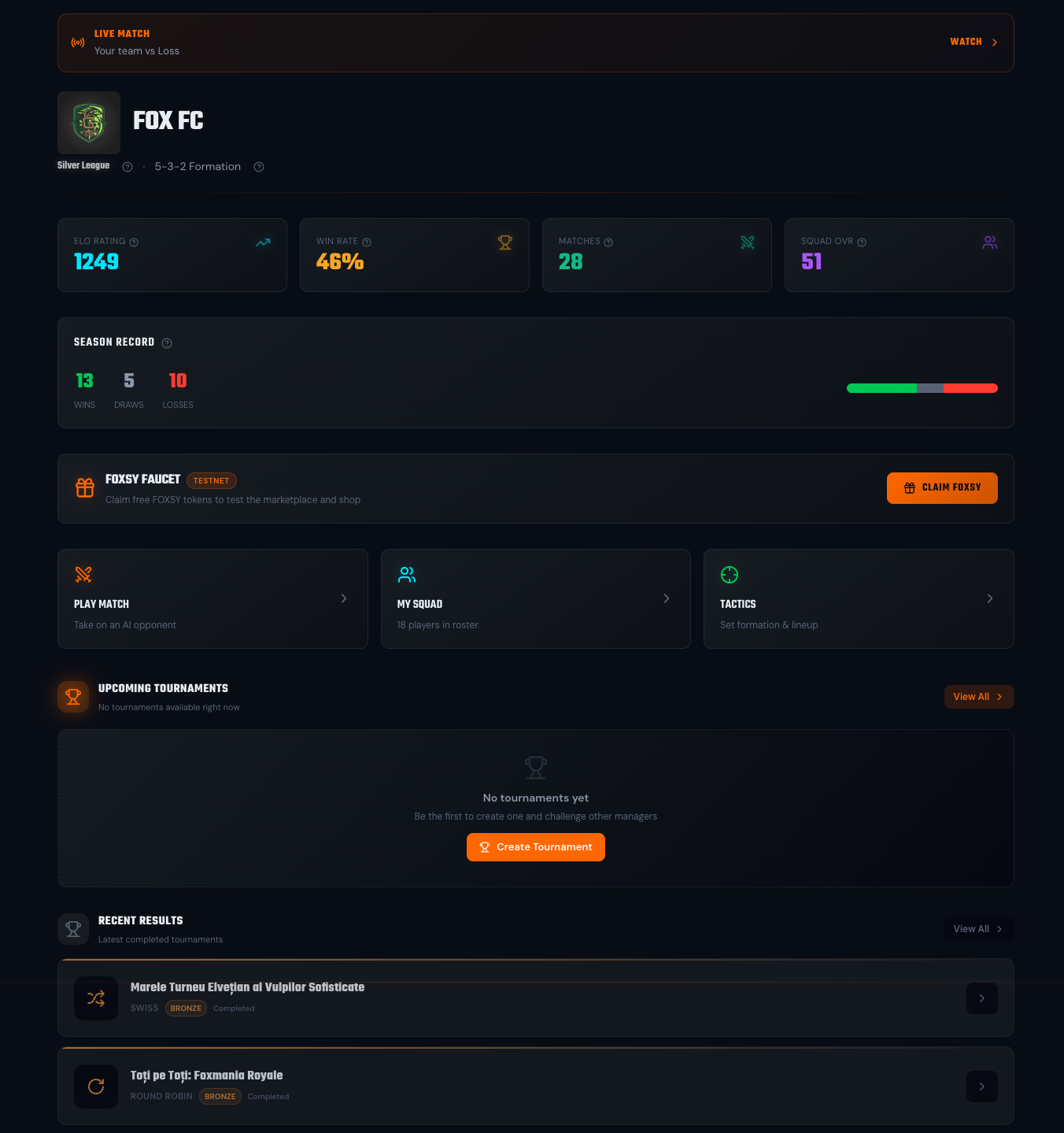 Dashboard — your team, KPIs, season record, daily faucet, quick actions, upcoming tournaments