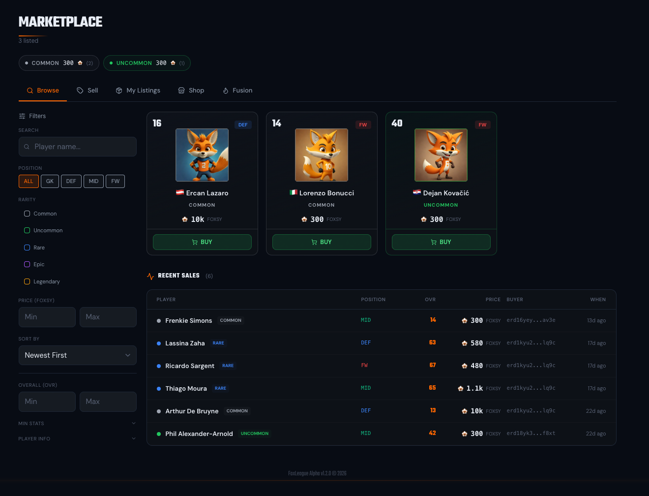 Marketplace Browse — listings grid, filter sidebar, recent sales feed