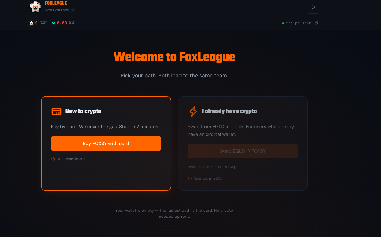 Onboarding splash with empty wallet and Buy-with-card highlighted