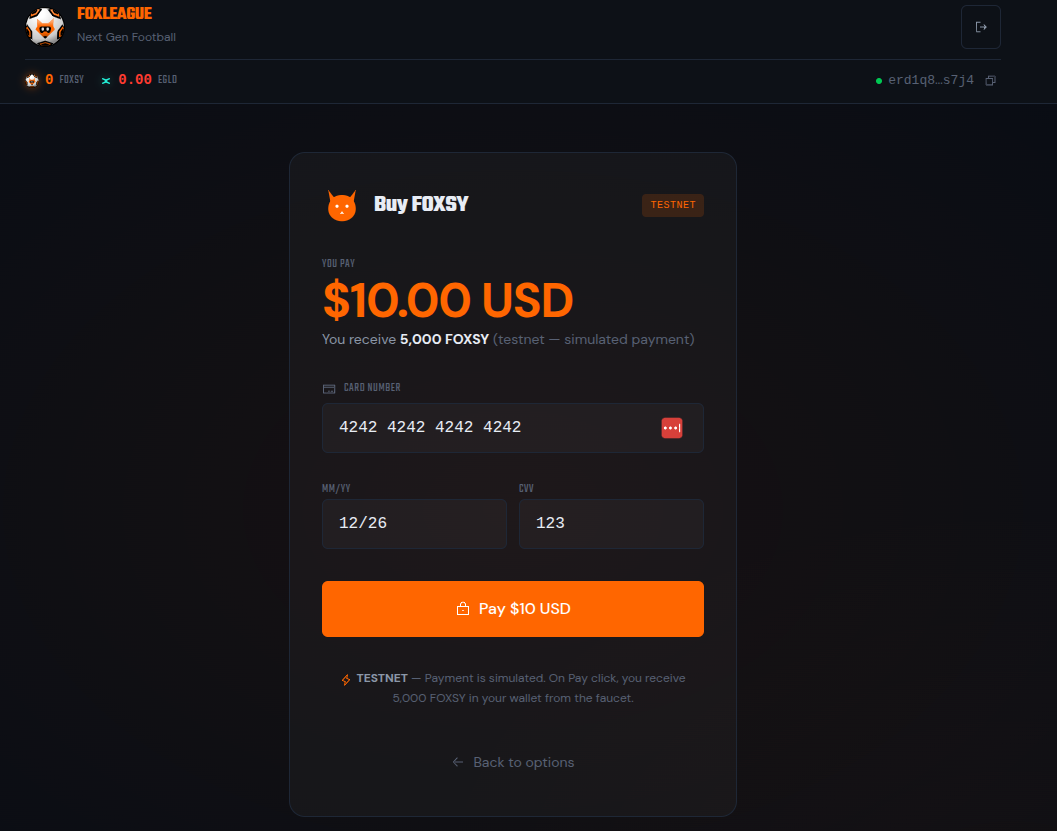 Buy FOXSY checkout showing the card form with test card 4242