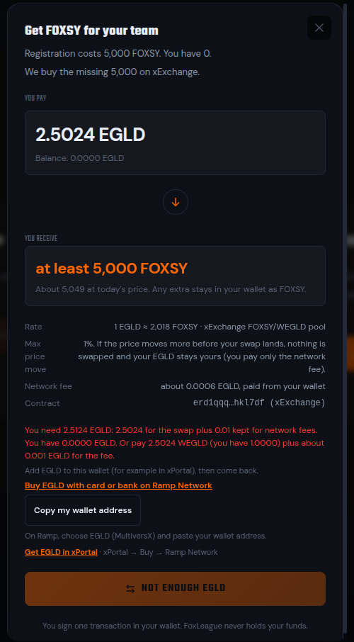 The swap window for a wallet with no EGLD: the red line names the EGLD needed, followed by the Ramp link, Copy my wallet address, the xPortal hint plus the disabled NOT ENOUGH EGLD button