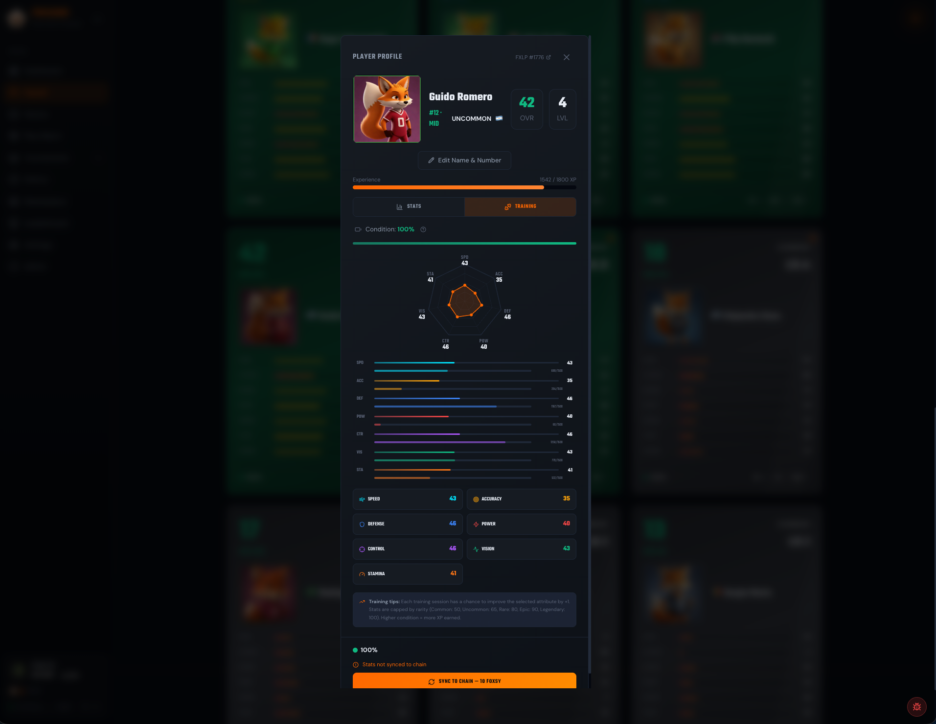 Player Profile with Training tab — radar chart, stat bars, training buttons