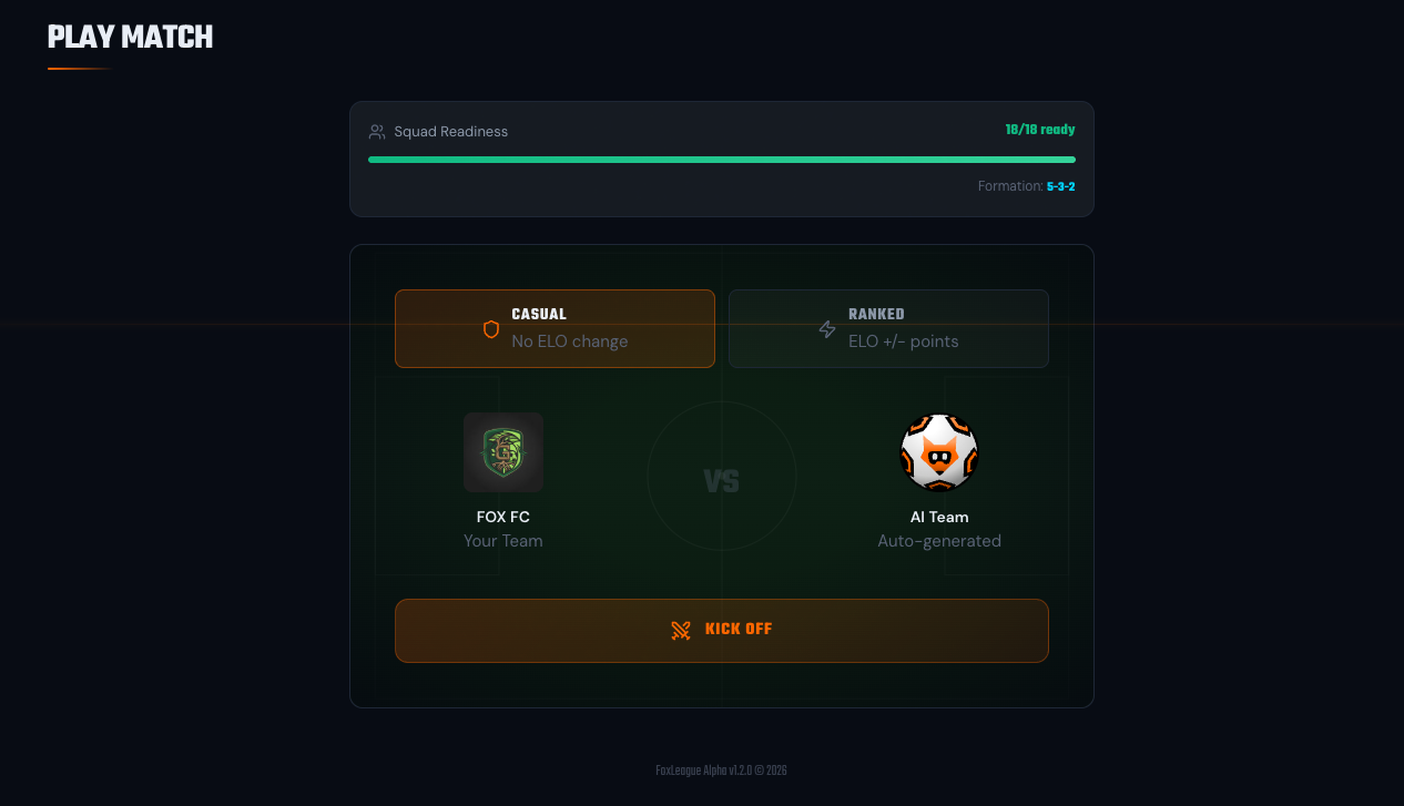 Play Match idle screen — Squad Readiness, match type toggle, KICK OFF