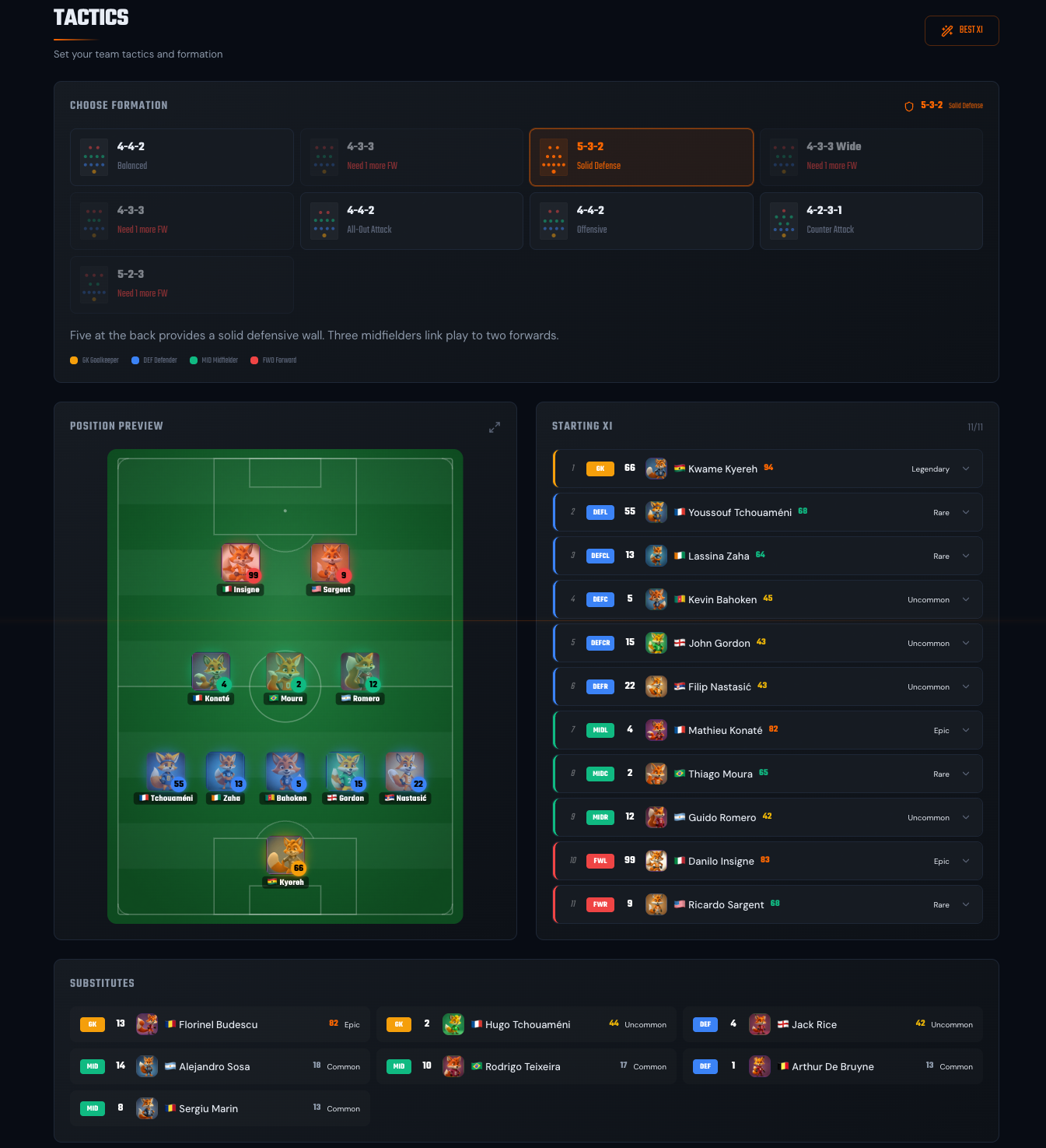 Tactics page — formation picker, pitch with assigned XI, starting XI list, substitutes bench